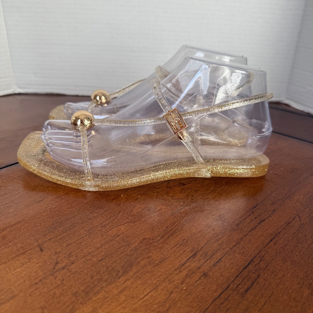 Loeffler Randall Gold Glitter Jelly Sandals Square Toe Ball Detail Womens 6